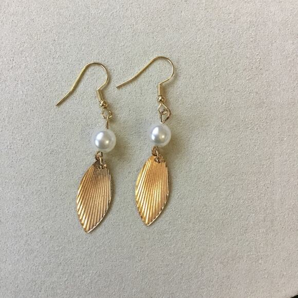 Gold & Pearl Feather Drop Earrings - Picture 7 of 8